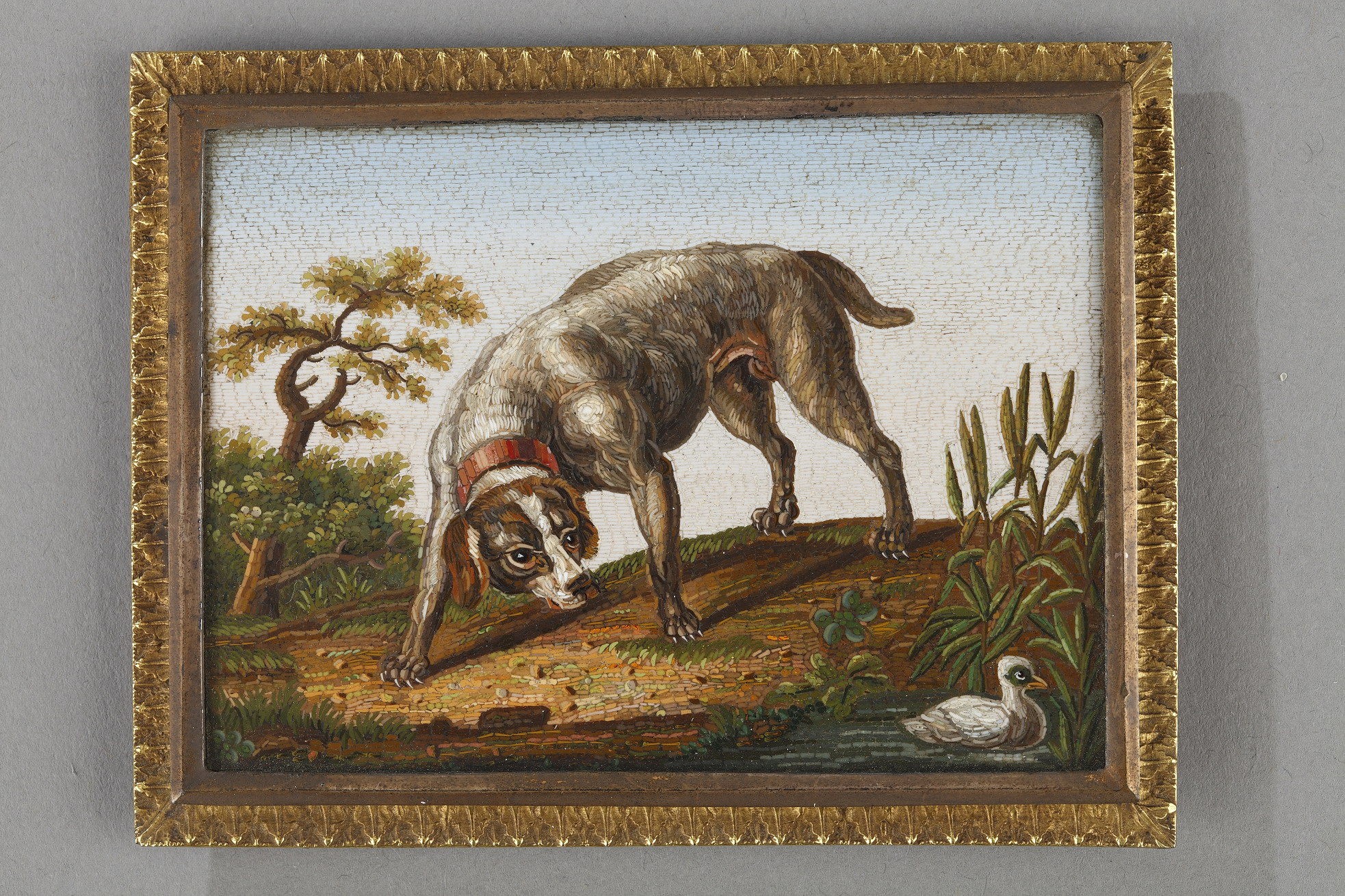 Early 19th Century Micromosaic Dog chasing a duck, after Gioacchino Barberi